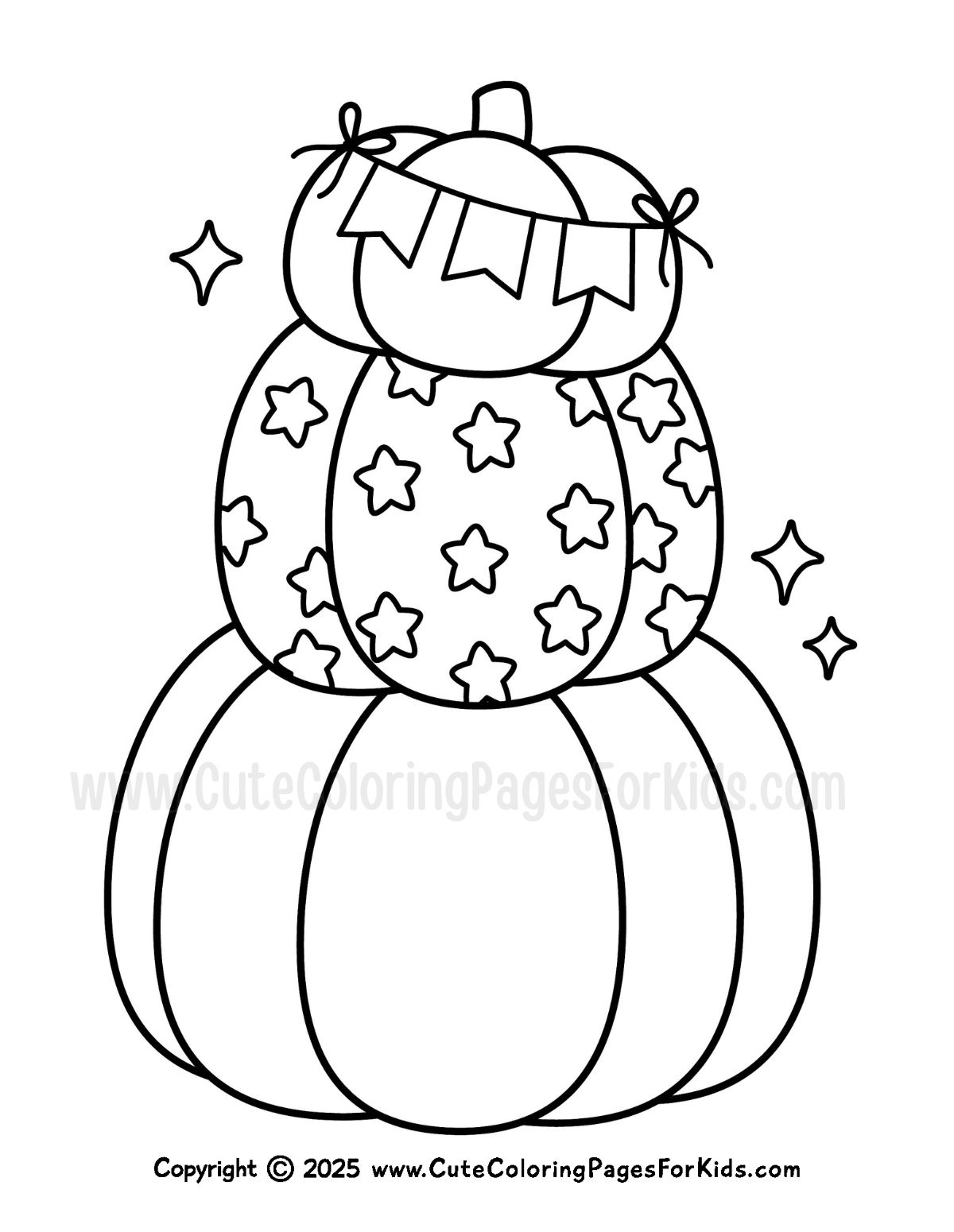 Pumpkin coloring page, decorated with colorful flags and stars
