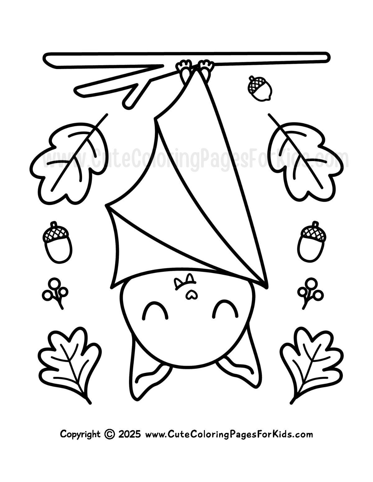 coloring page of bat hanging upside down from a branch with leaves and acorns