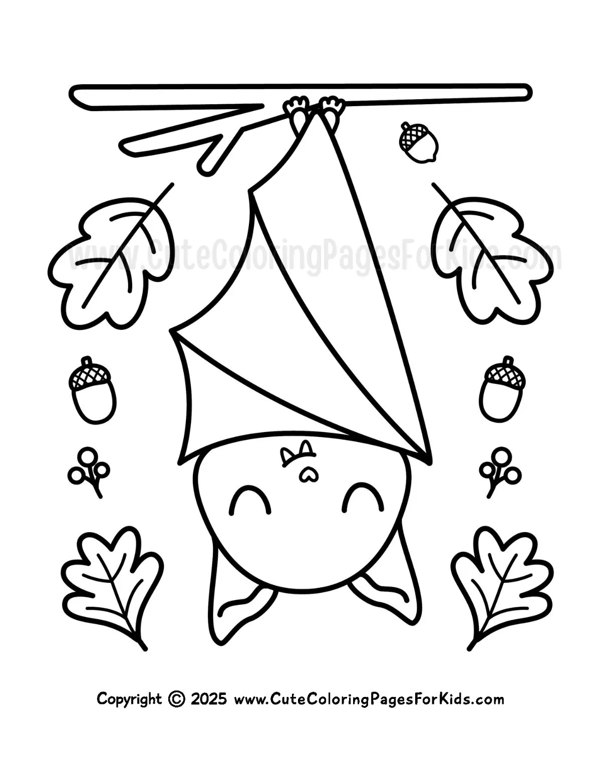 coloring page of bat hanging upside down from a branch with leaves and acorns