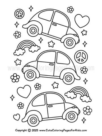 VW bug coloring page with hearts, peace signs, rainbows, and flowers