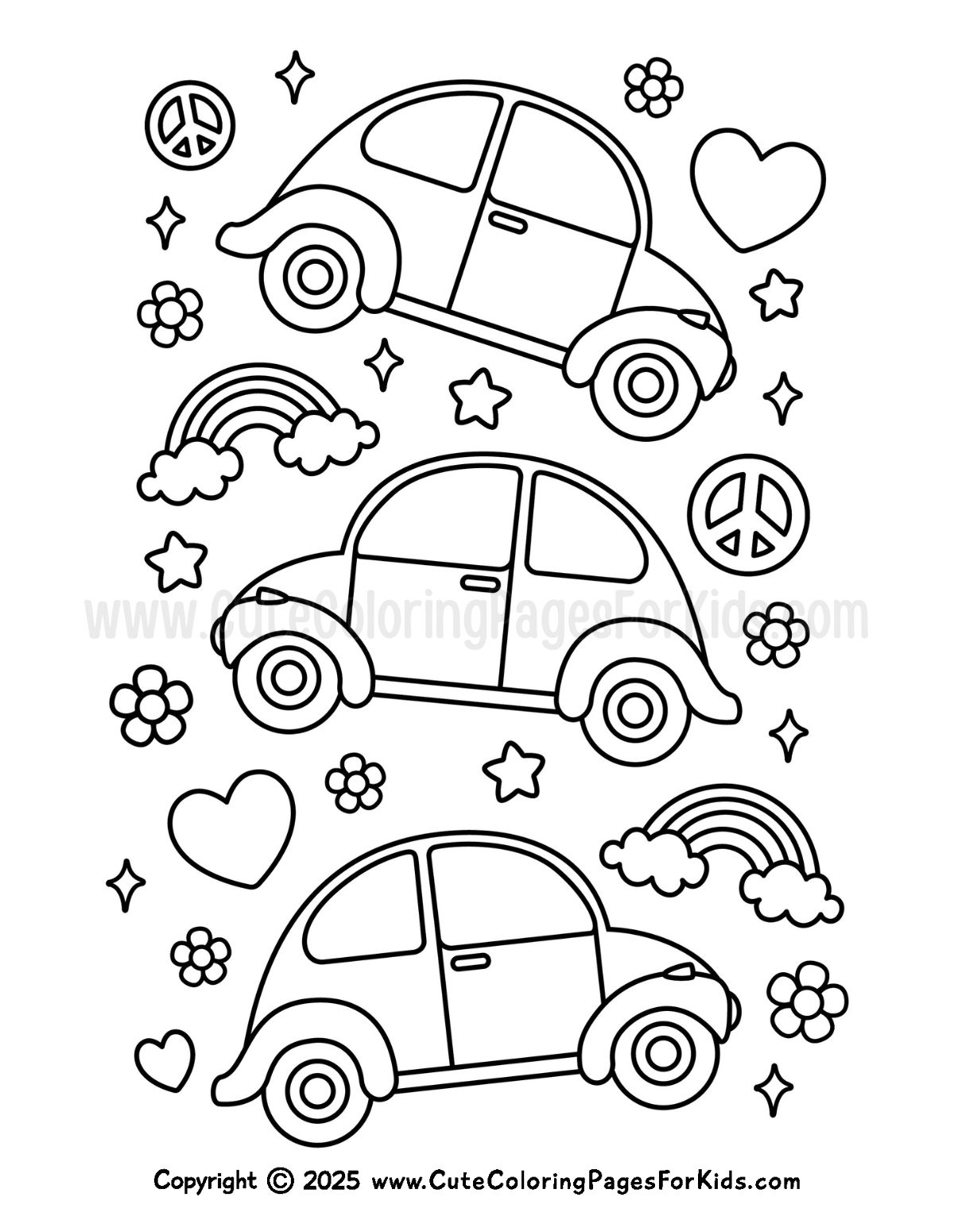 VW bug coloring page with hearts, peace signs, rainbows, and flowers
