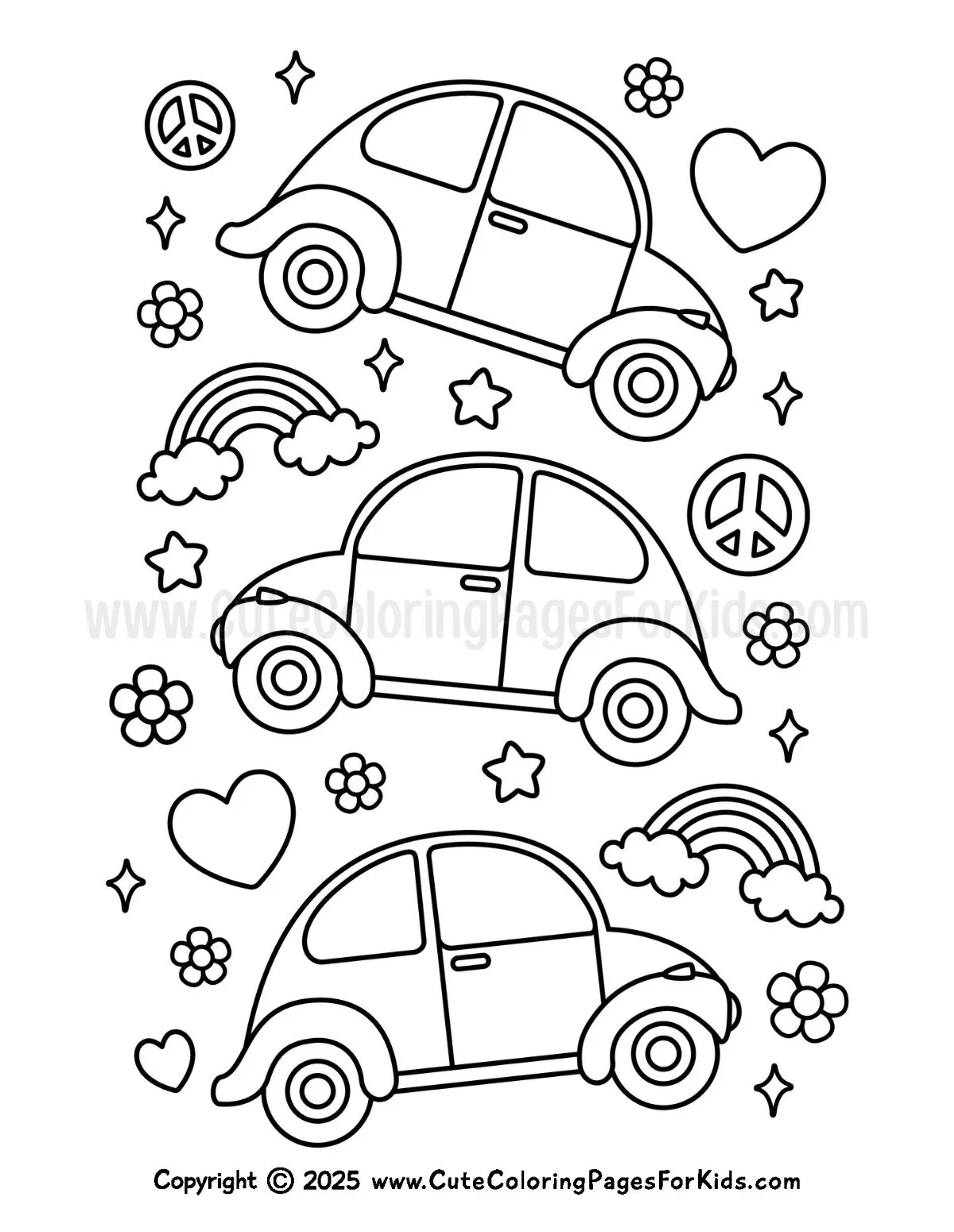 VW bug coloring page with hearts, peace signs, rainbows, and flowers