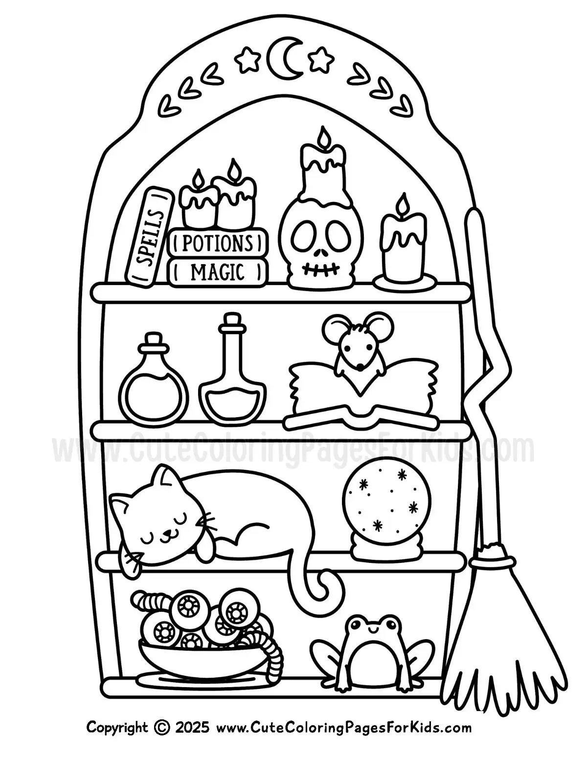 witch's bookcase coloring page with potions, books, animals and more
