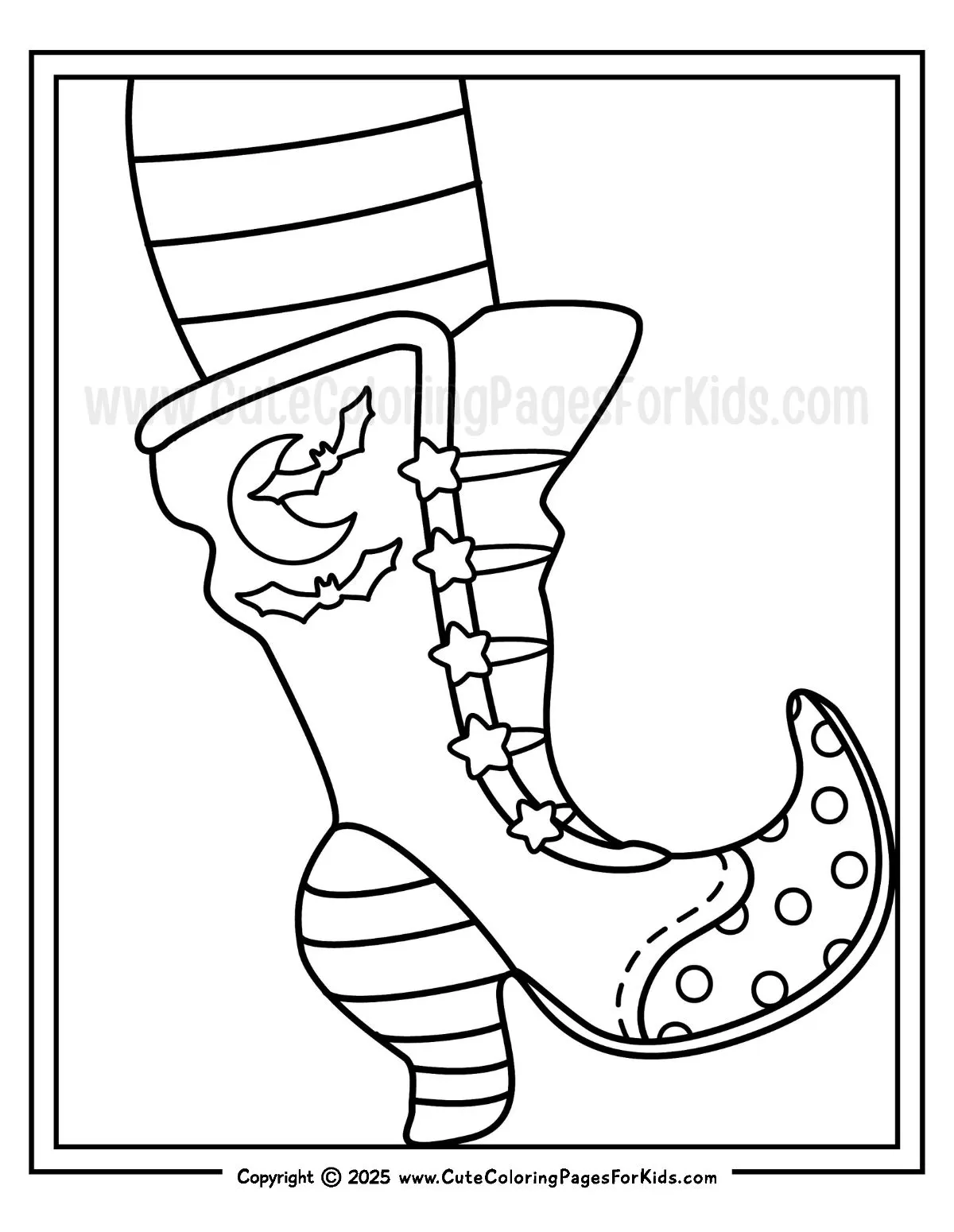 witch boot coloring page featuring a fancy boot with stripes, dots, stars, and bats