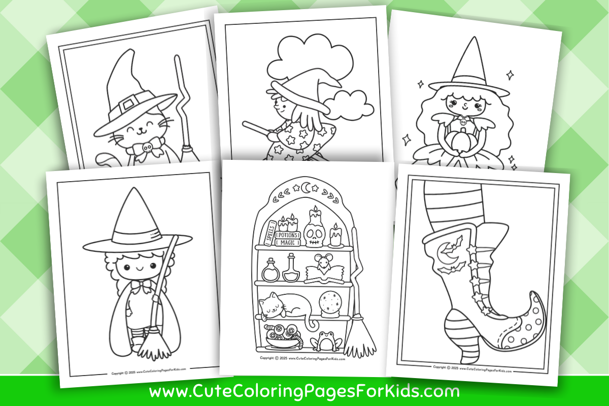 collection of 6 witch coloring pages from cutecoloringpagesforkids.com