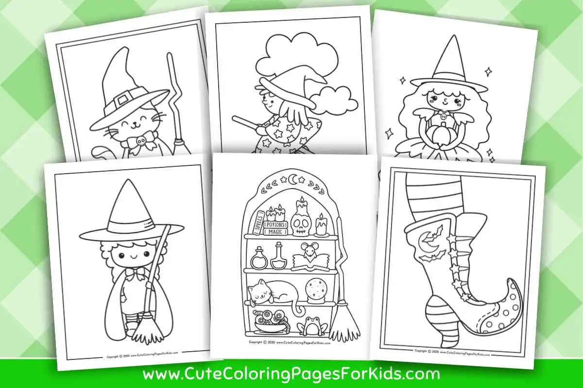 collection of 6 witch coloring pages from cutecoloringpagesforkids.com