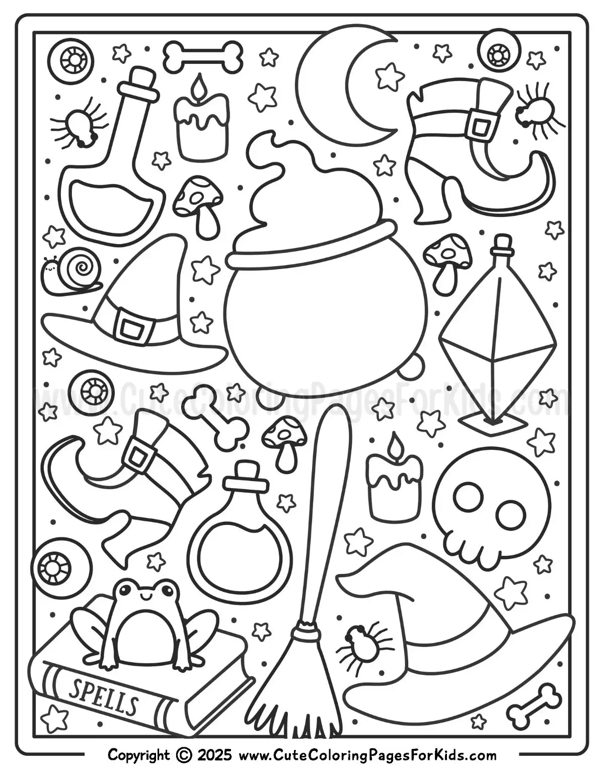 full page coloring sheet of witch elements