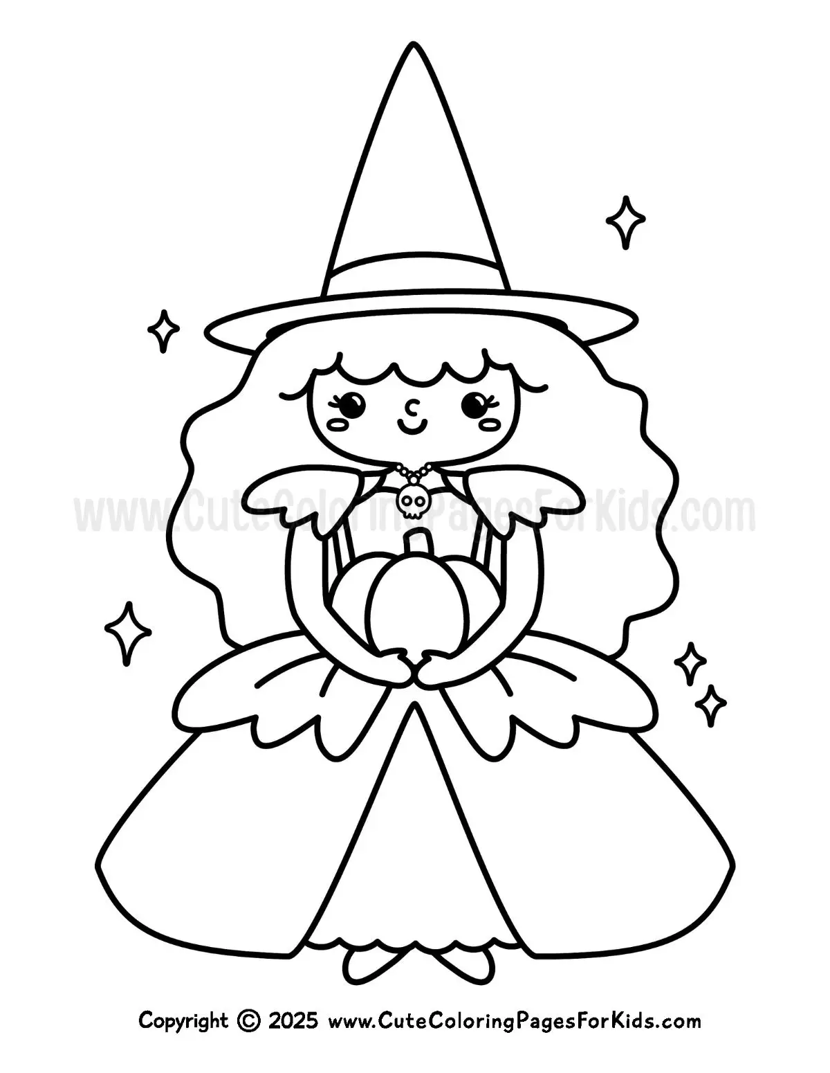 coloring page with witch-y princess holding a pumpkin