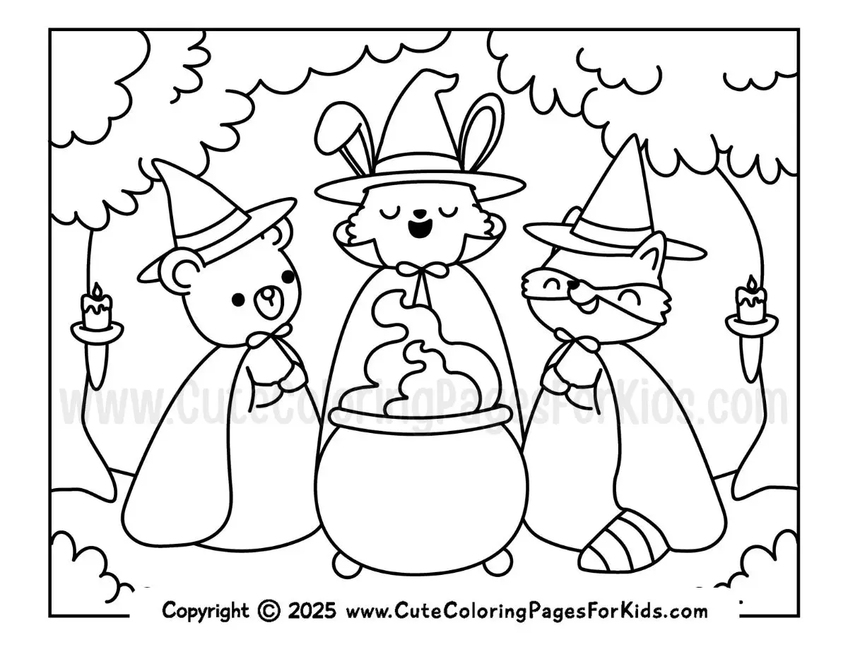coloring sheet featuring woodland animal witches surrounding a cauldron in the forest