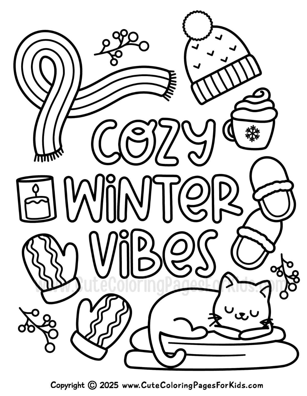 cozy winter vibes coloring page with simple winter items to color