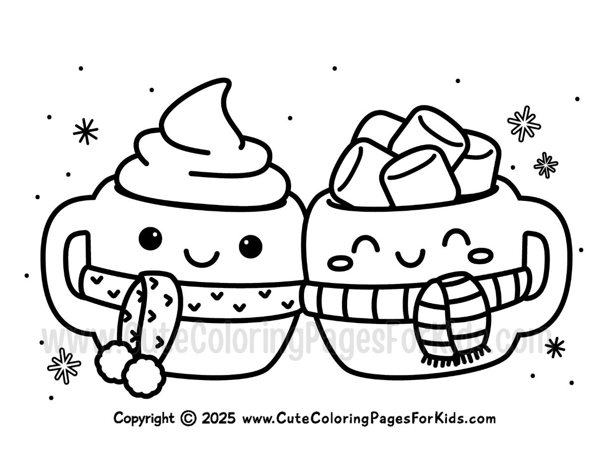 coloring page of cute and happy hot chocolate mugs with different toppings