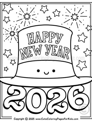 Happy new year 2026 coloring page with smiling top hat character and a background of stars and fireworks to color.