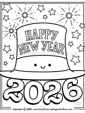 Happy new year 2026 coloring page with smiling top hat character and a background of stars and fireworks to color.
