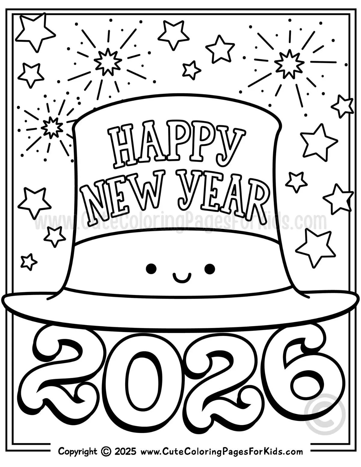 Happy new year 2026 coloring page with smiling top hat character and a background of stars and fireworks to color.