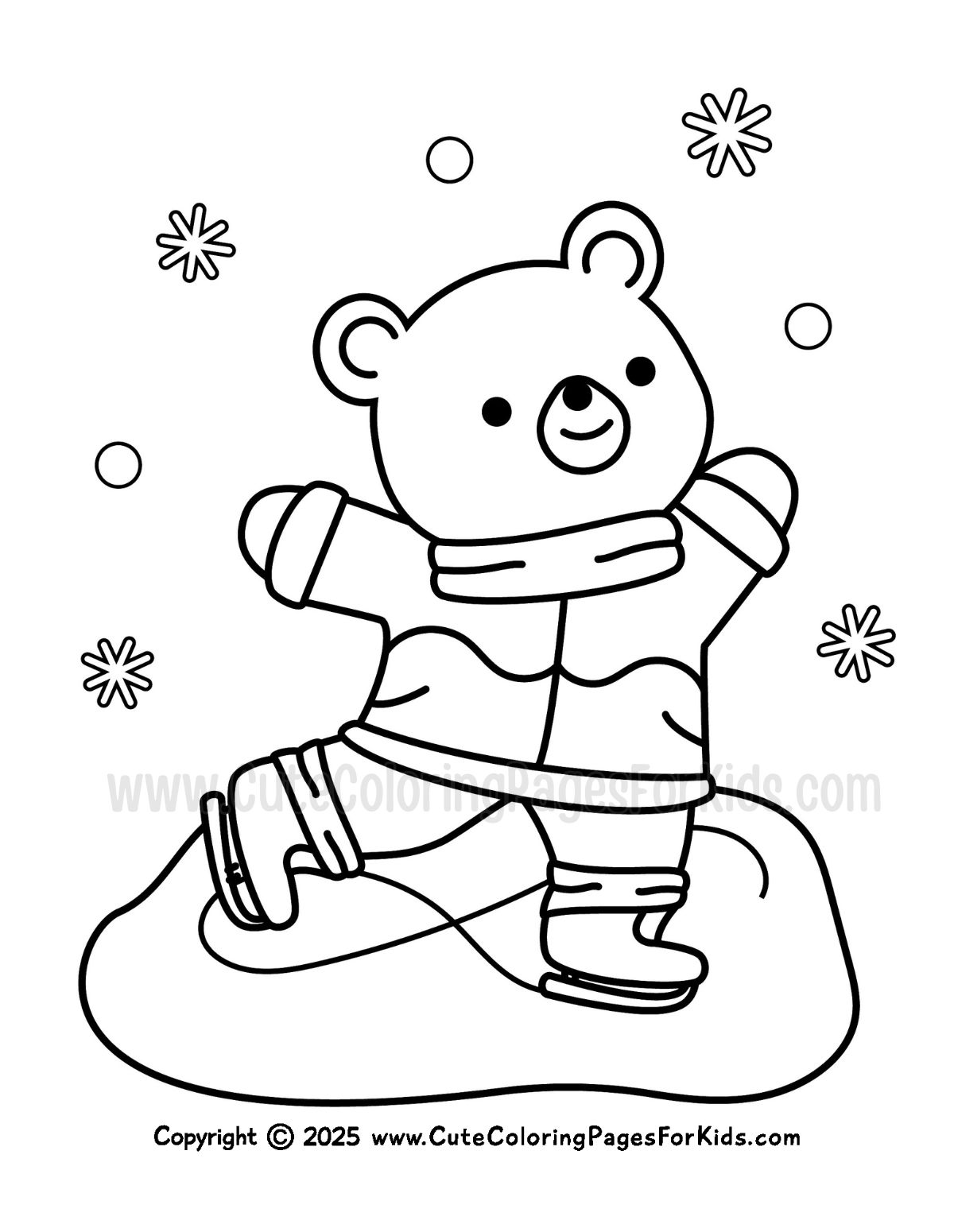 simple coloring page of ice skating bear with snowflakes