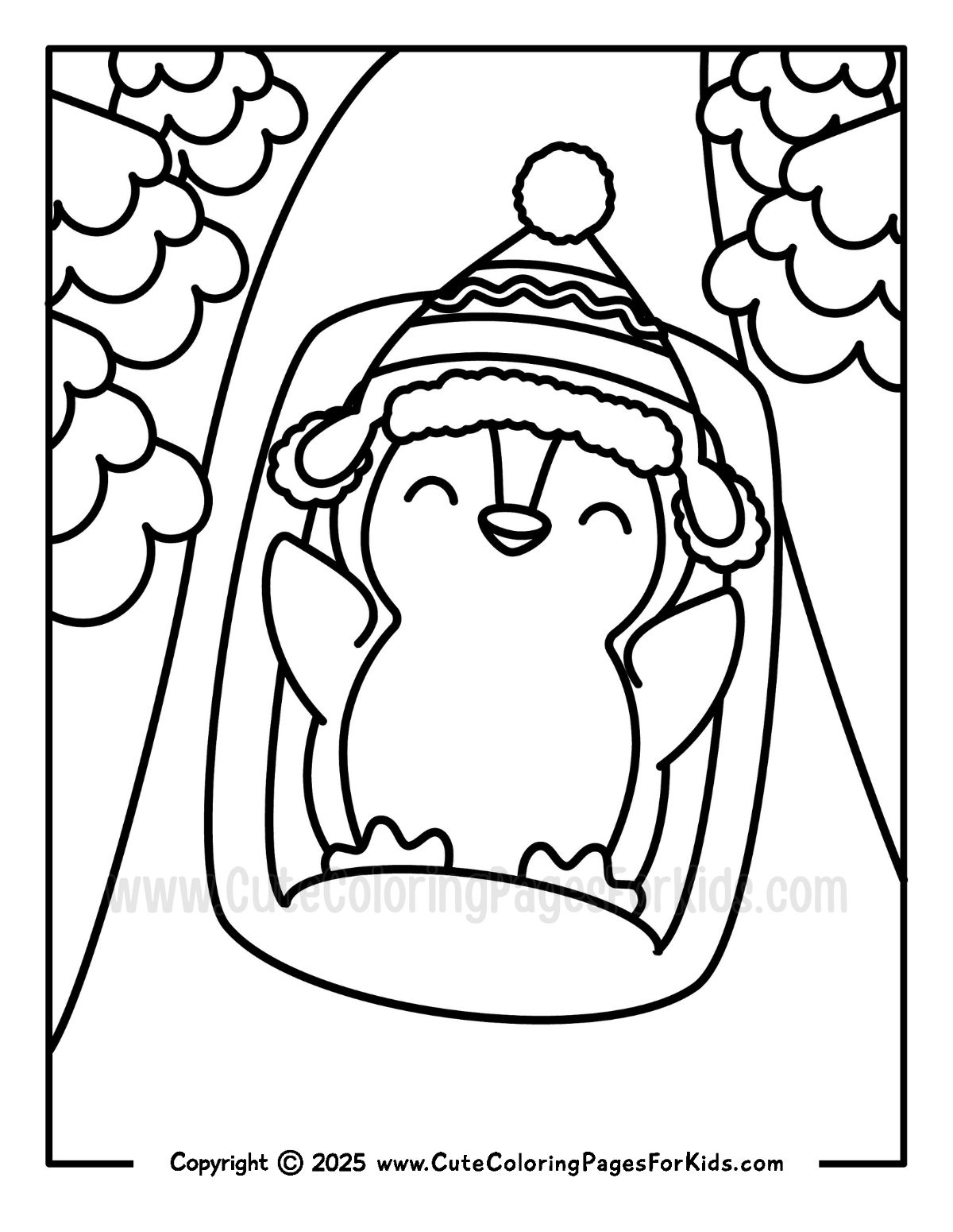 coloring page with picture of a happy penguin sledding down a hill 