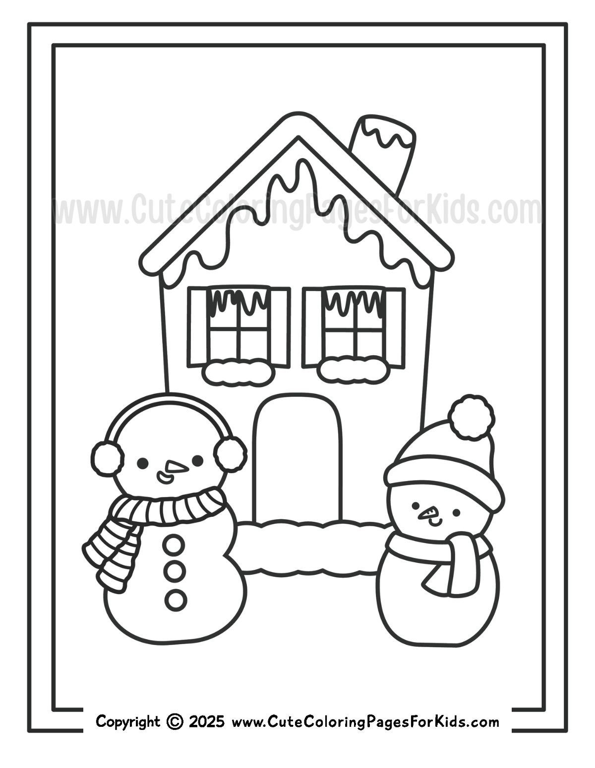 coloring page with picture of two snowmen in front of a snowy house