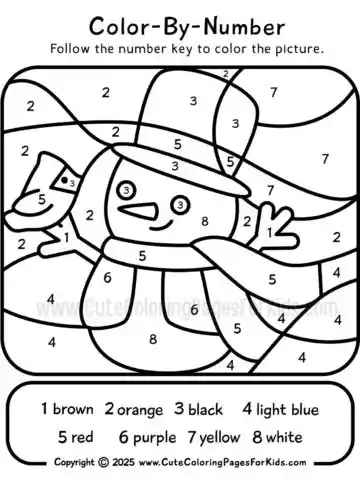 simple color by number sheet with image of snowman and cardinal