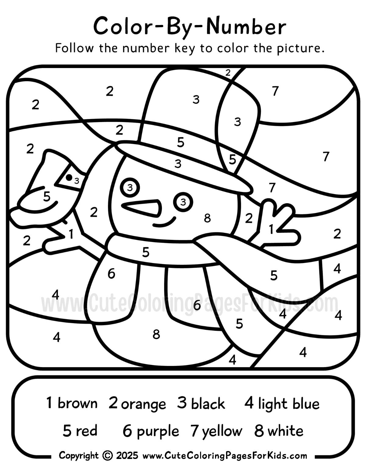 simple color by number sheet with image of snowman and cardinal