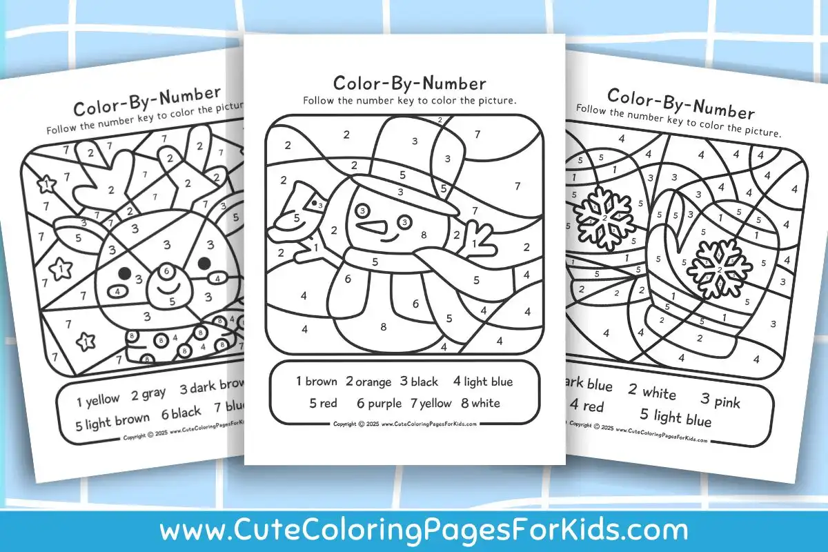 collection of winter themed color-by-number sheets from cutecoloringpagesforkids.com