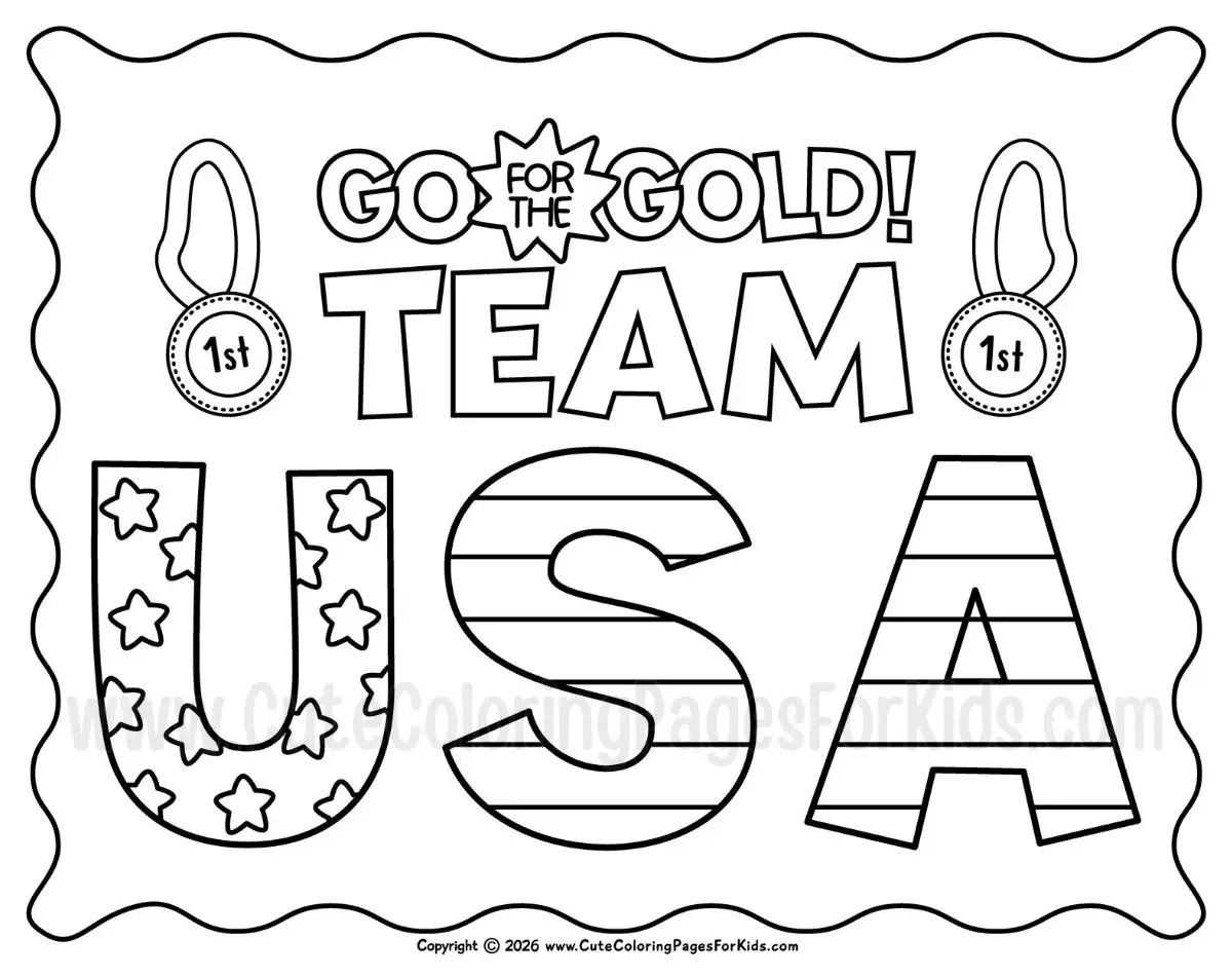 Coloring page with the words, "go for the gold, team USA" plus simple line drawings of medals
