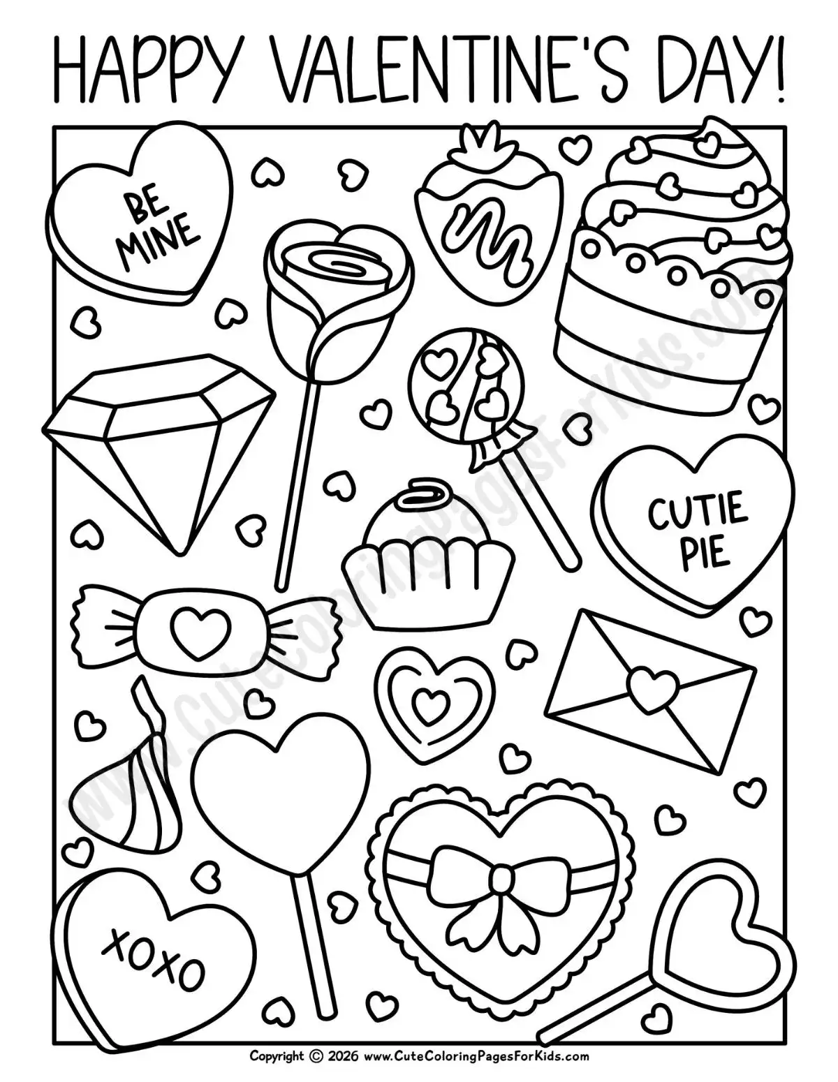 full page valentine's day treat doodles coloring page