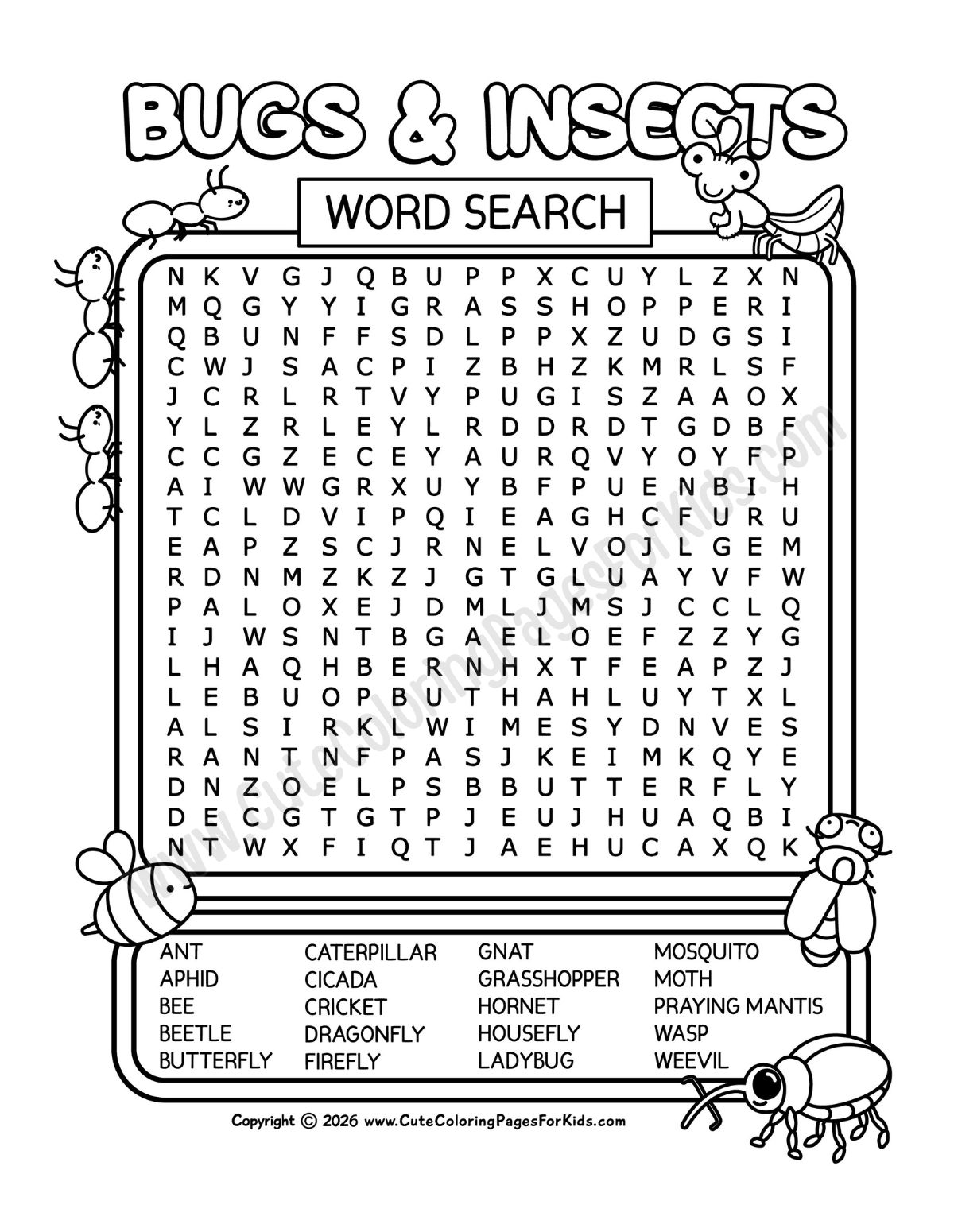 Error and insect word search puzzle with error illustrations