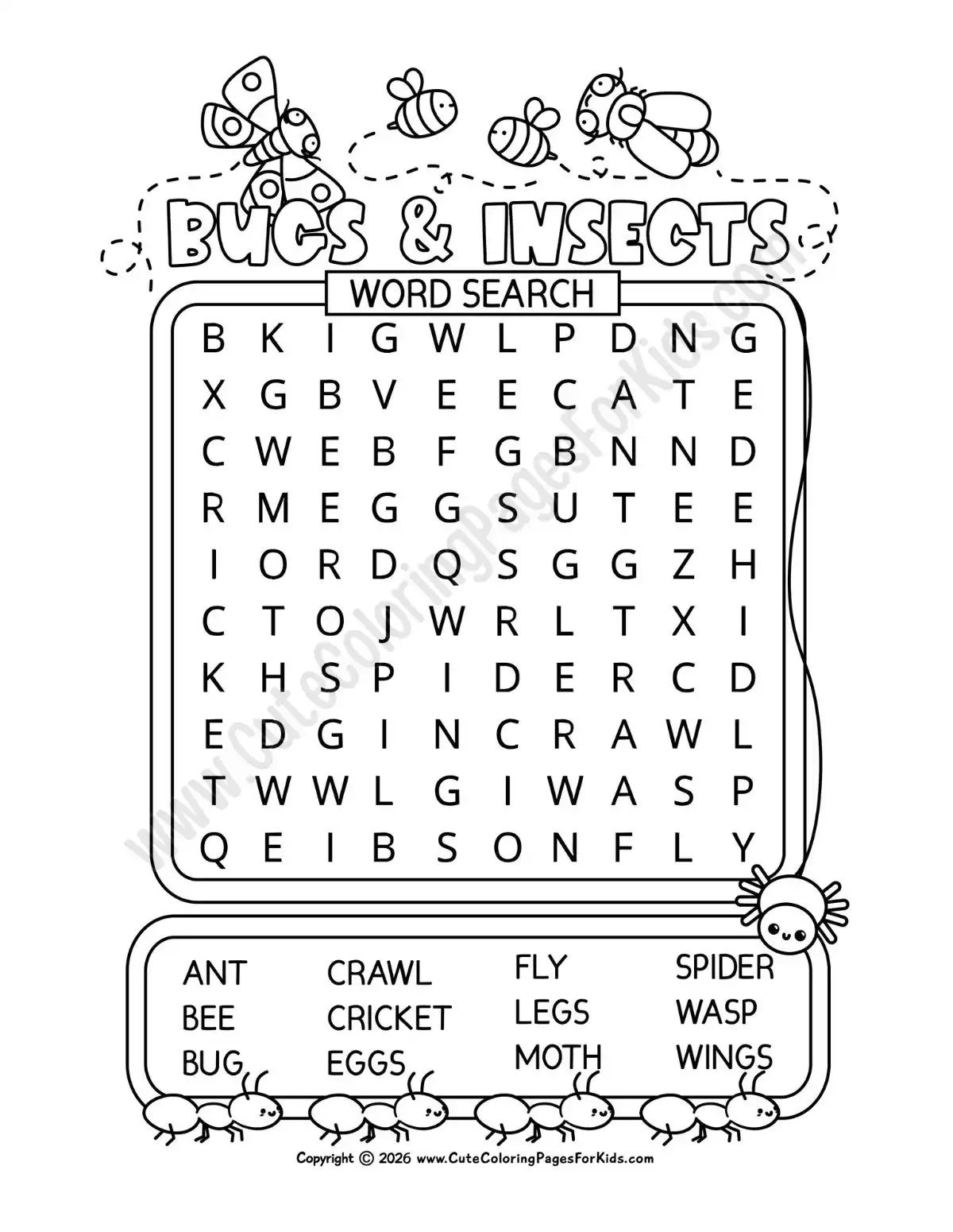 easy insect word search for kids with cute line drawing illustrations of bugs