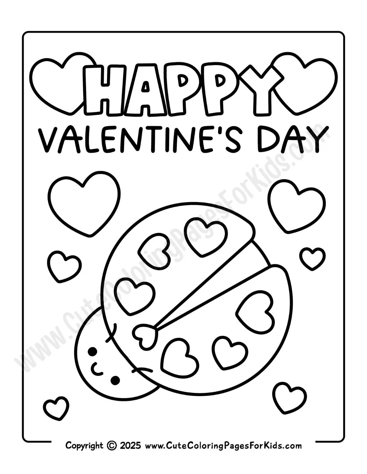 coloring page with easy lovebug to color and words Happy Valentine's Day