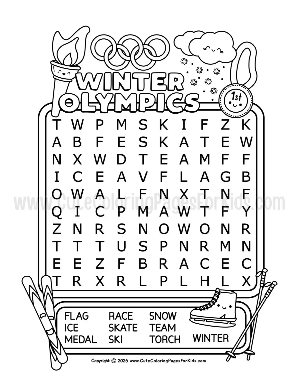 easy Winter Olympics word search for kids with simple illustrations in black and white
