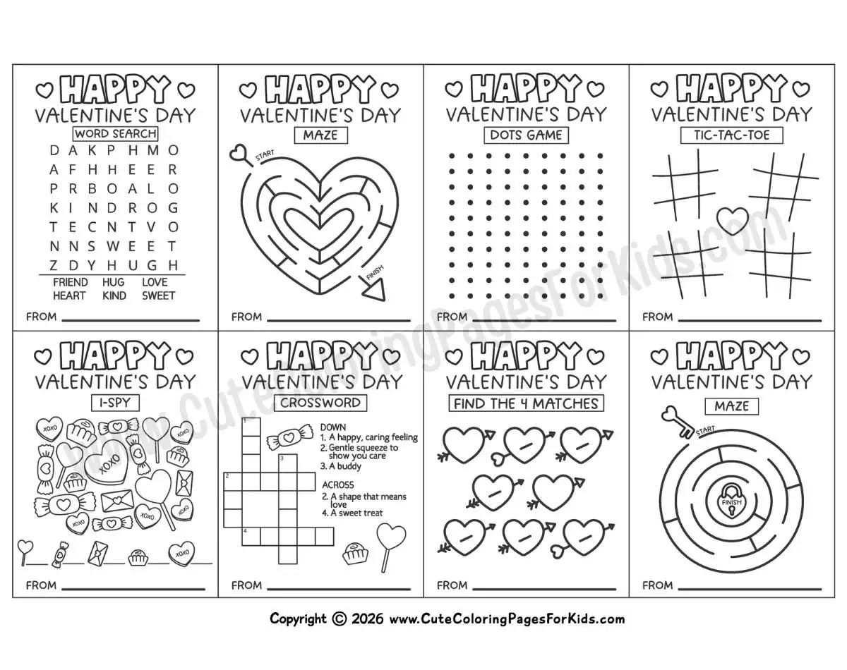 printable classroom valentines with mini games