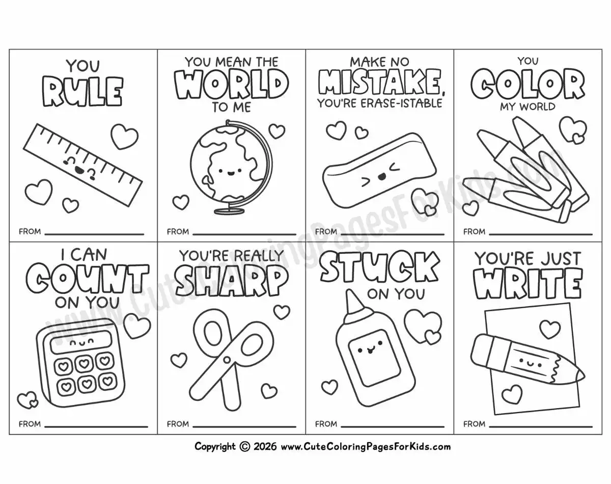 classroom supply themed valentine coloring cards for kids