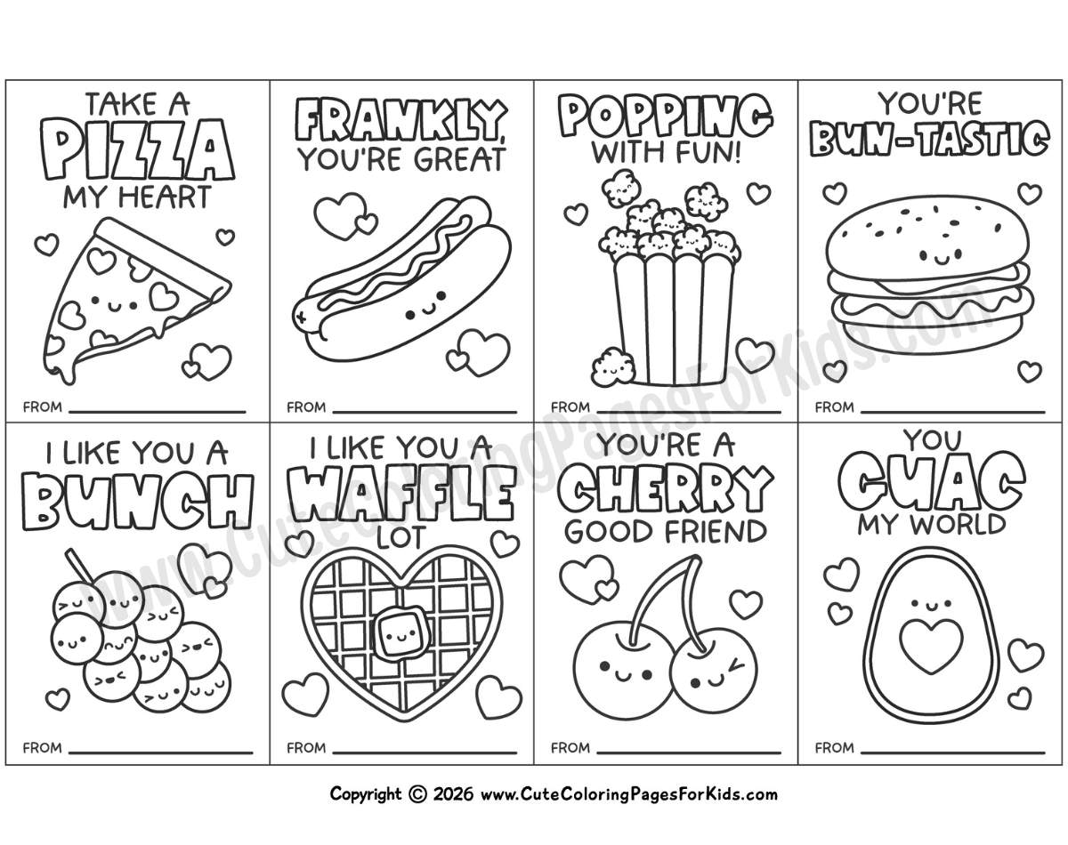 Cute food Valentine coloring cards including hot dogs, pizza, cherries, popcorn and more - plus simple illustrations and food puns