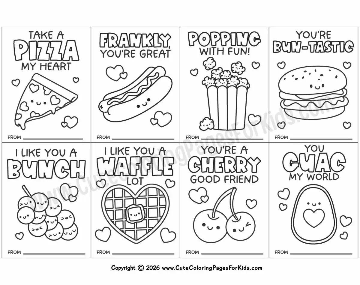cute food valentine coloring cards with hot dogs, pizza, cherries, popcorn, and more - along with simple illustrations and food puns