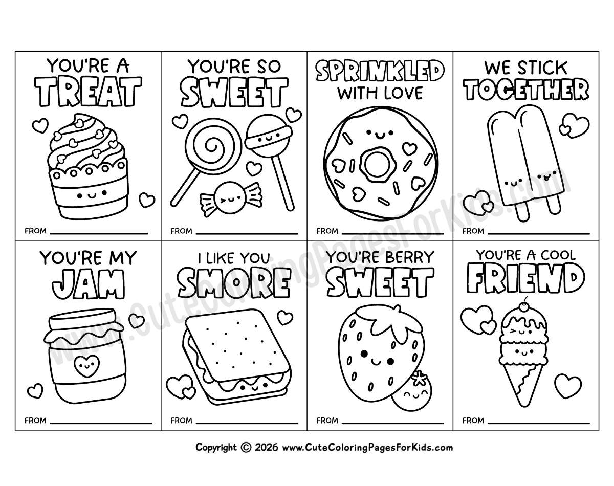 Sweet Valentine's Day coloring card with cute illustrations and puns