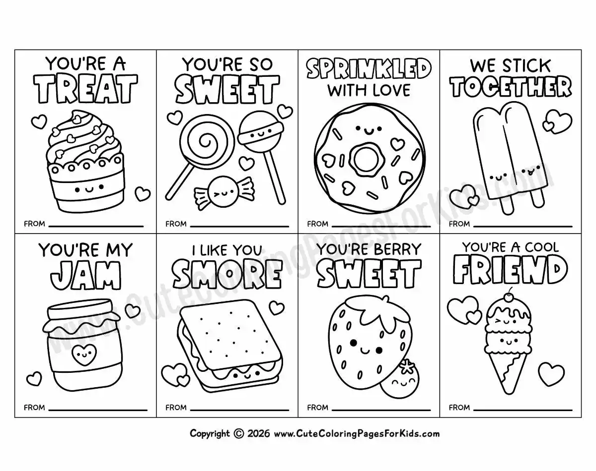 sweet treats Valentine's Day coloring cards with cute illustrations and puns