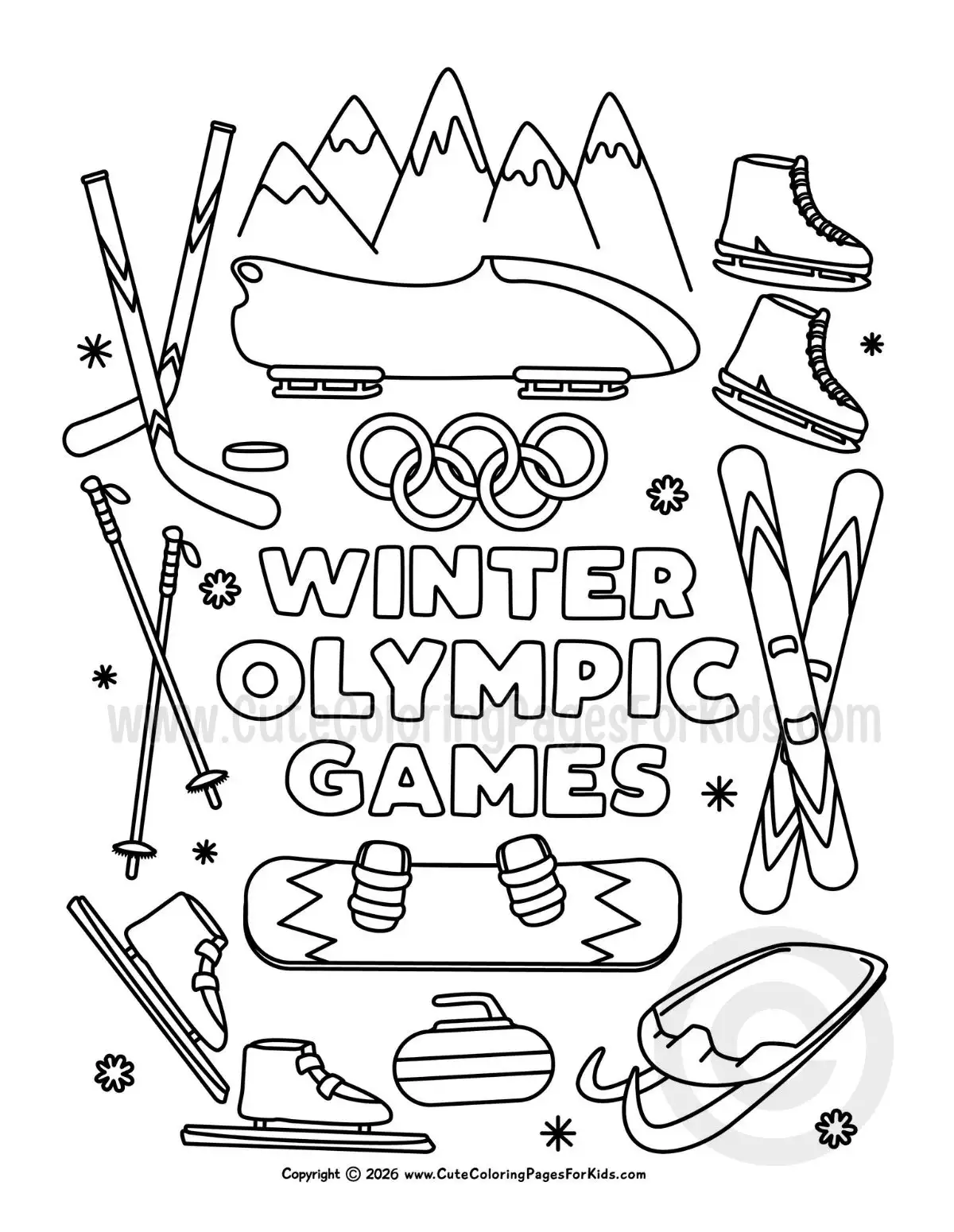 winter olympic games coloring page with winter sports elements