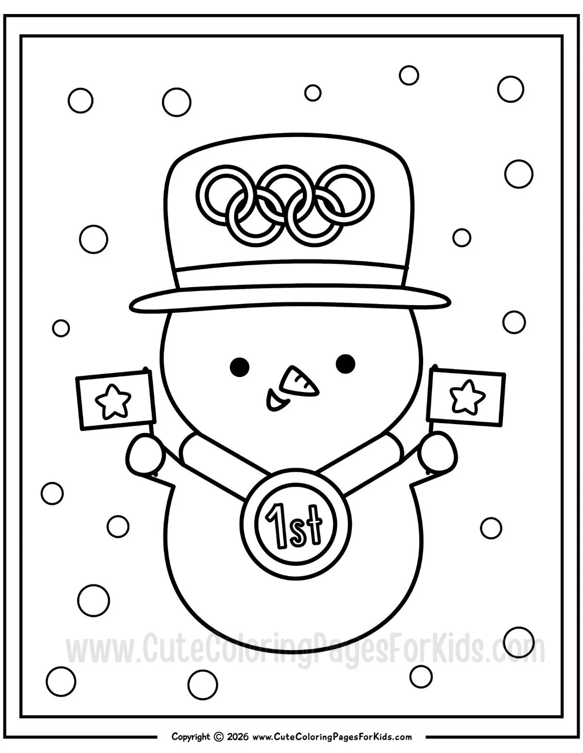 coloring page of snowman with 1st place medal and olympic hat