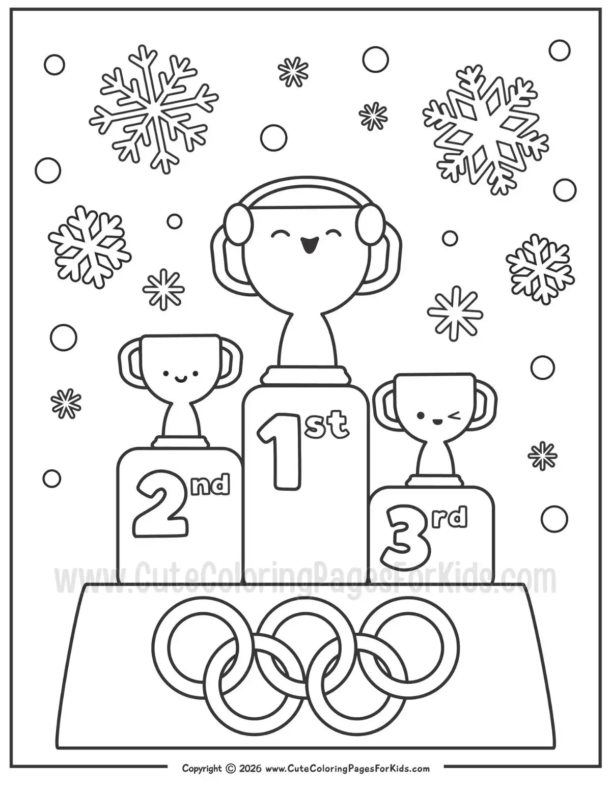 winter olympic winner's podium coloring page with trophies and snowflakes