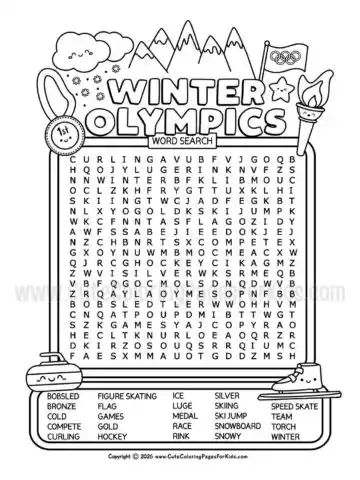 winter olympics word search page in black and white with winter Olympics-themed illustrations and words