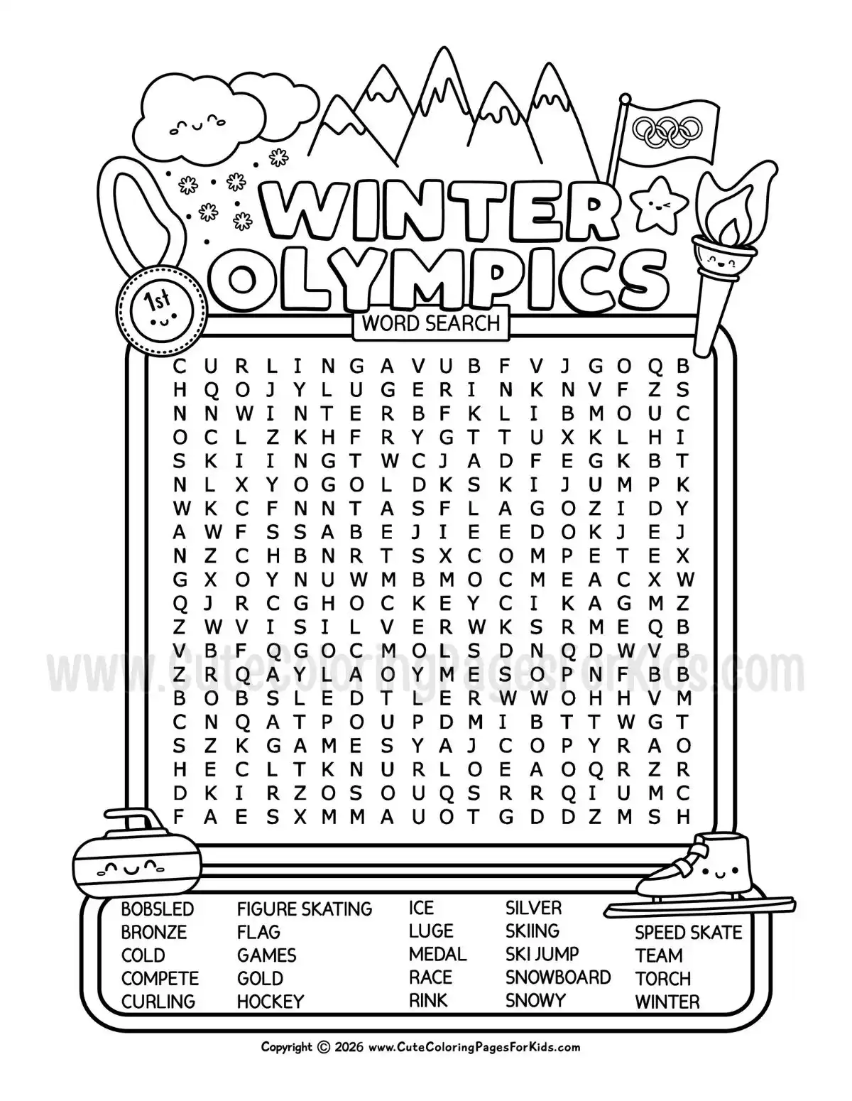 winter olympics word search page in black and white with winter Olympics-themed illustrations and words