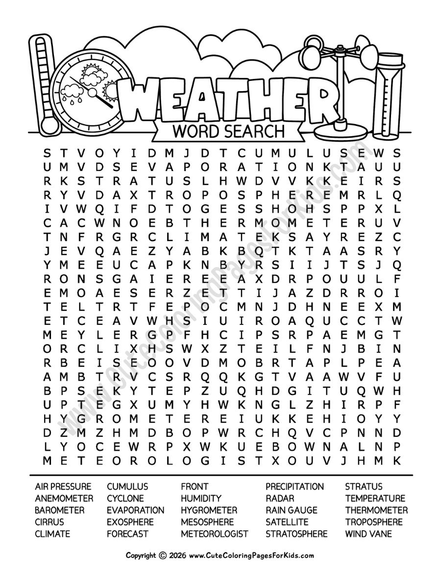 weather word search with measurement instrument vocabulary and 25 words