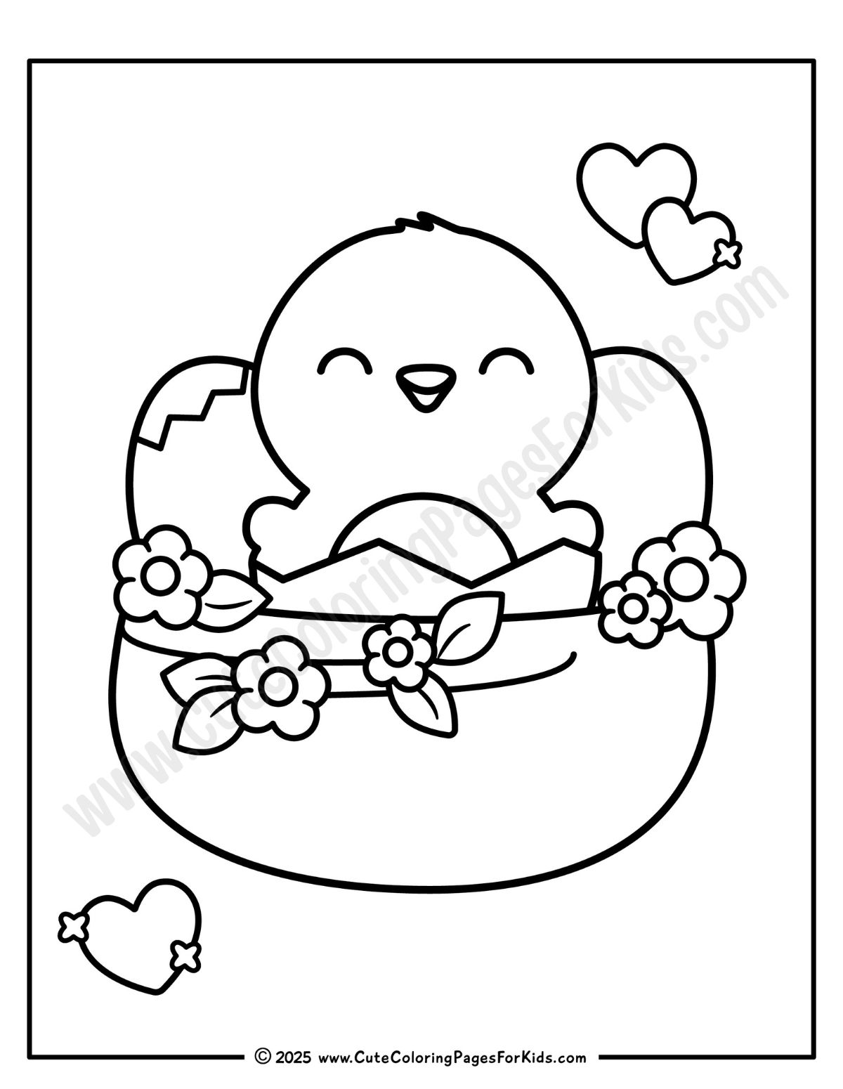 Coloring page with hatching spring chicks in flower nest