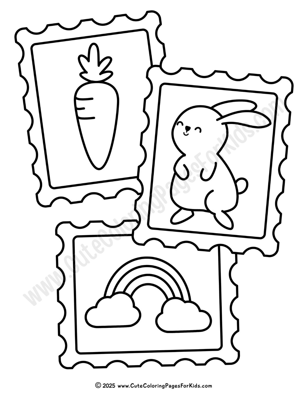Spring coloring page for kids with bunny, carrot and rainbow