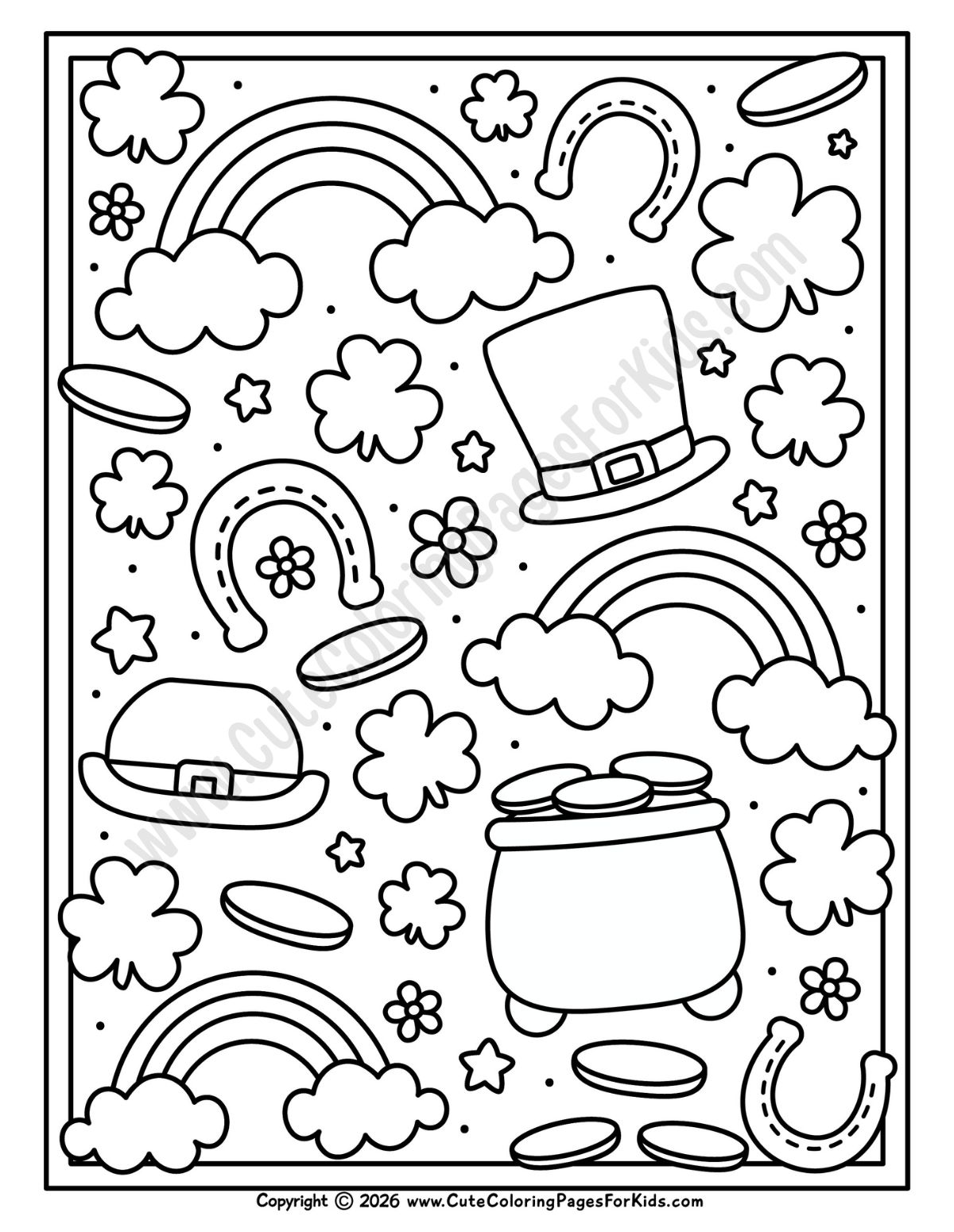 full page of St. Patrick's day elements to color