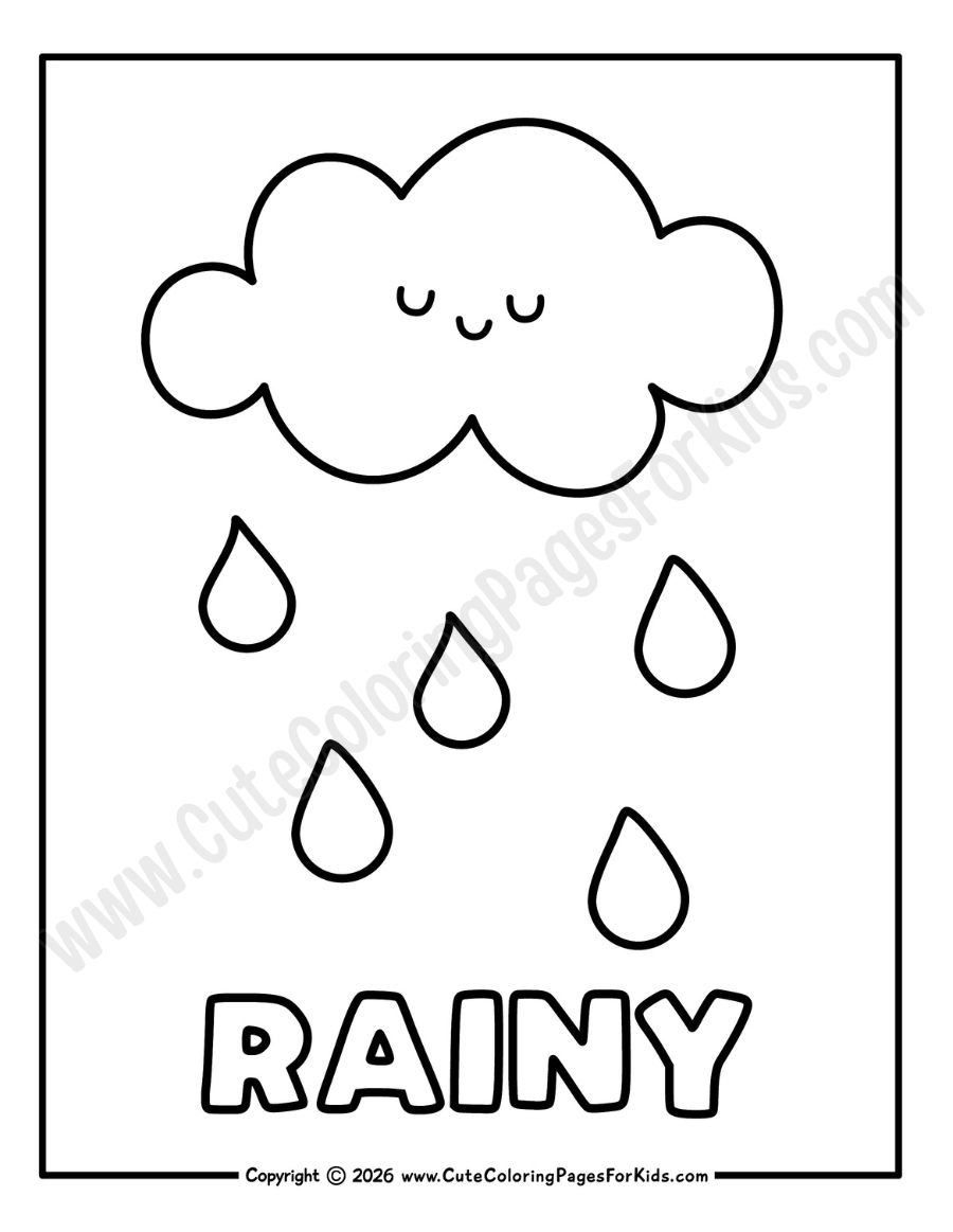 Rainy weather coloring page with pictures of sleeping clouds and raindrops