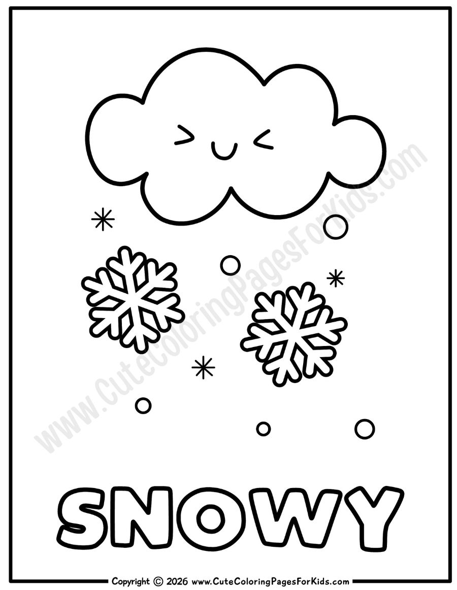 Snowy weather coloring page with pictures of clouds and snowflakes