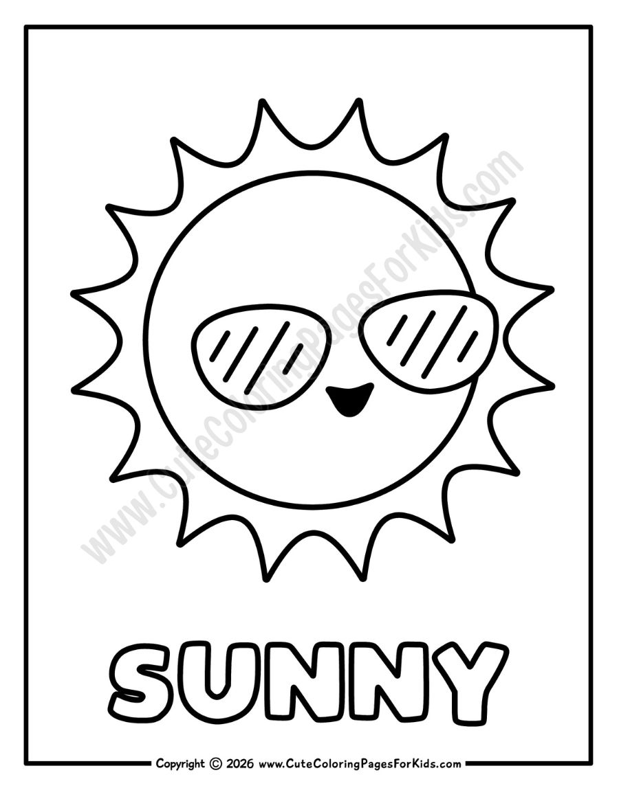 Sunny weather coloring page with picture of happy sunshine wearing sunglasses