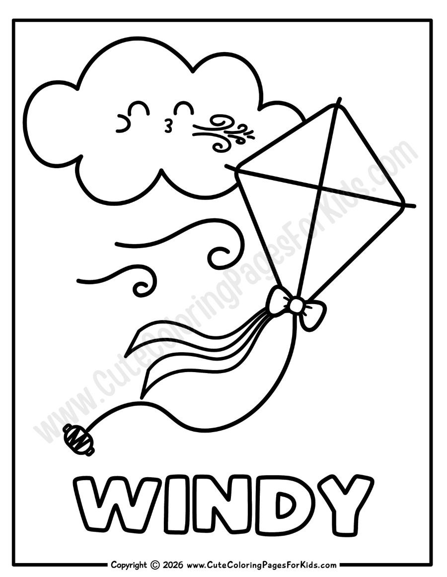 Windy weather coloring page with picture of clouds blowing a kite in the wind