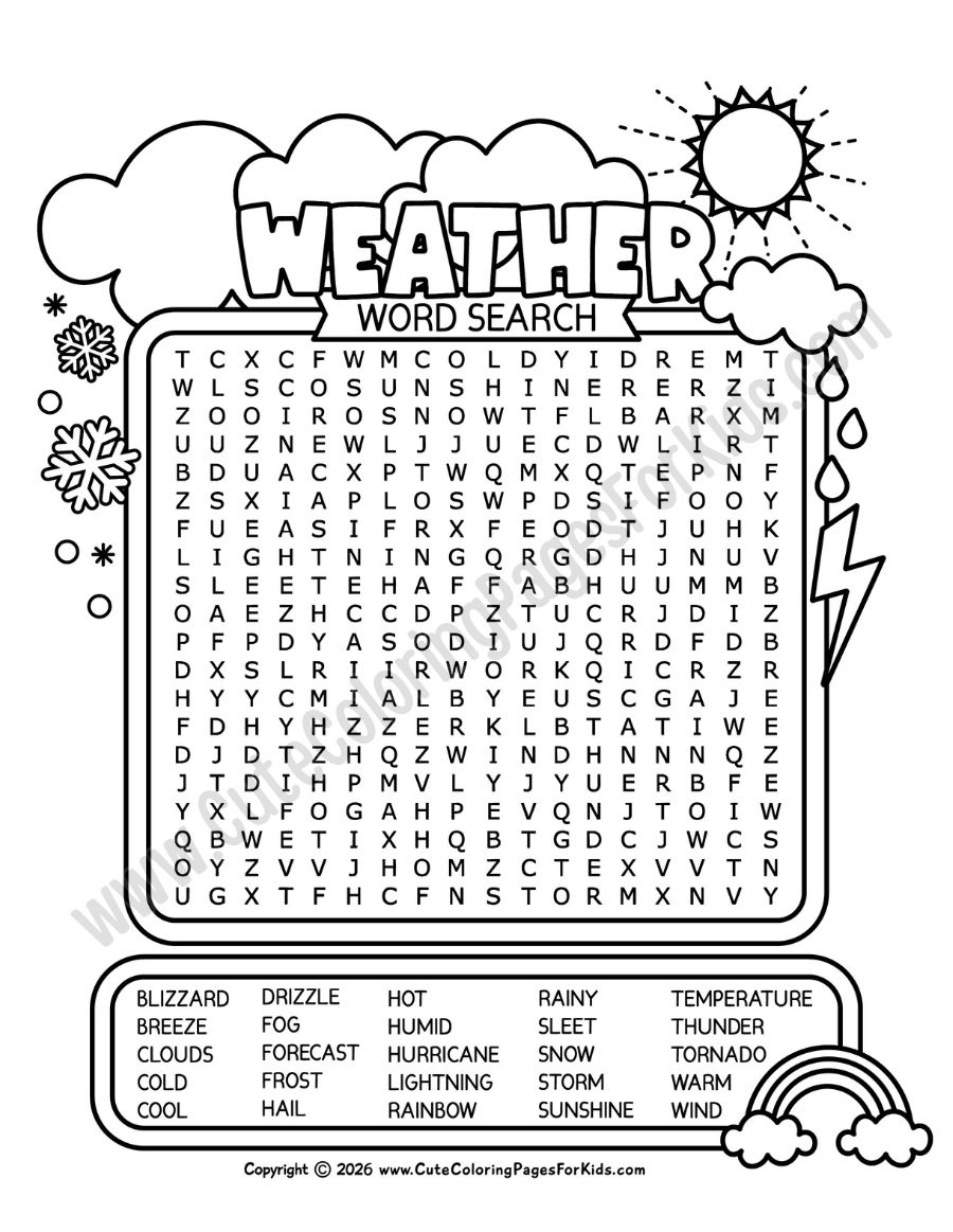 weather word search printable with 25 words to find